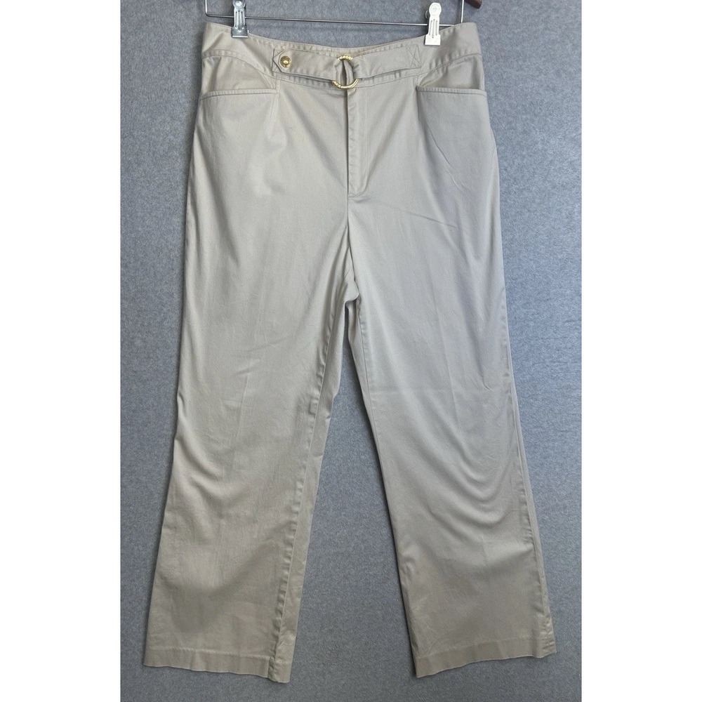 Lauren Ralph Lauren Beige‎ Belted Pants Size 12 Stretch Cotton Trousers Gold 90s